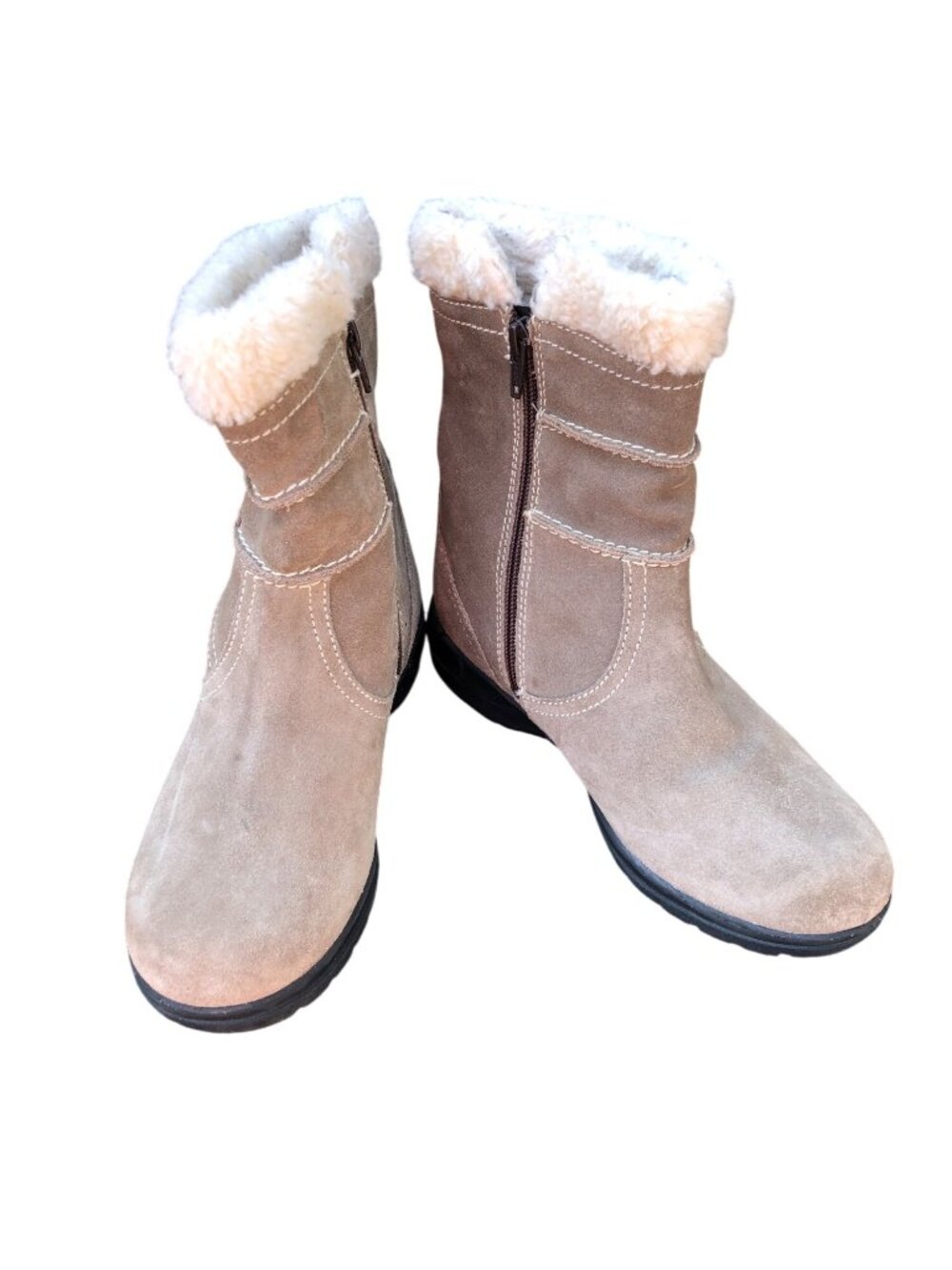 Clarks Ankle Boots Beige Suede Womens 6M Faux Fur Lining Side Zipper